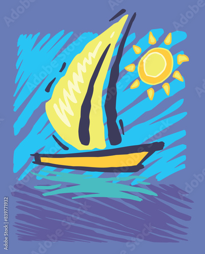 Vector illustration of stylized sailboat. Art in free and uncluttered lines.