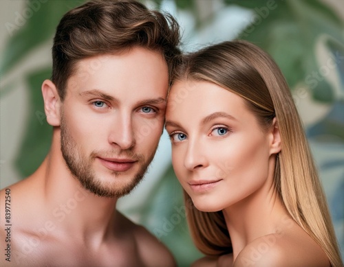 Portrait of a white female and male model; skincare campaign, face care, facial treatment, cosmetology, beauty and spa