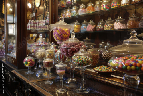 A vintage candy shop, evoking nostalgia with classic candies displayed in glass jars and old-fashioned decor - Generative AI