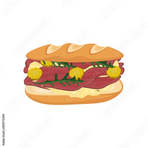 Vector illustration logo Clip art Baguette sandwich Pastrami isolated