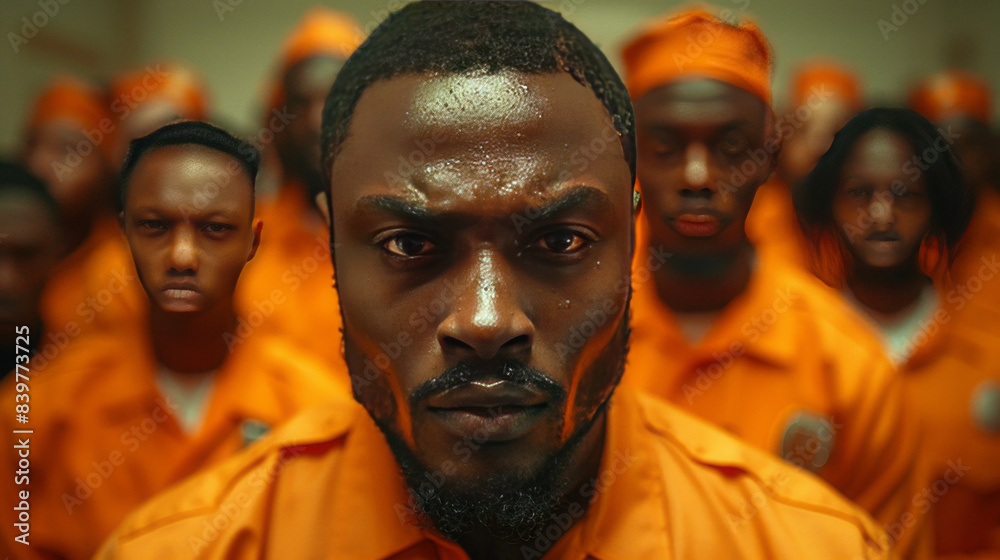 Black man wearing orange prison clothes with angry stare expression, little open mouth speaking, police in the back,generative ai Black man wearing orange prison clothes with angry stare expression, little open mouth speaking, police in the back,generative ai