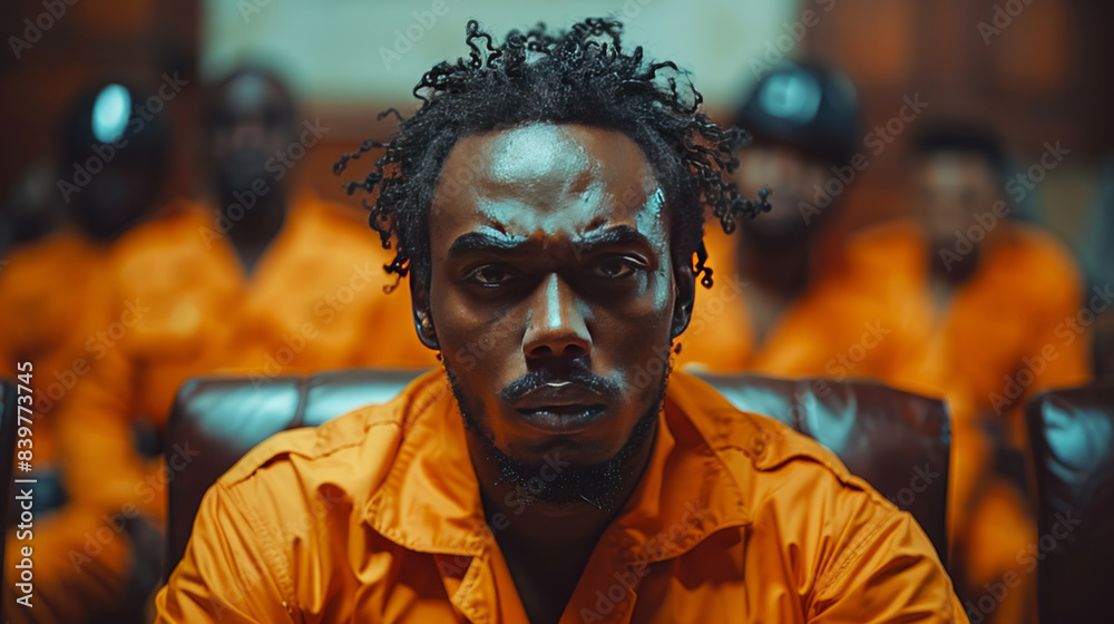 Black man wearing orange prison clothes with angry stare expression, little open mouth speaking, police in the back,generative ai Black man wearing orange prison clothes with angry stare expression, little open mouth speaking, police in the back,generative ai