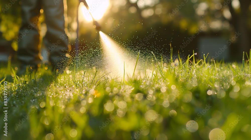 Worker spraying pesticide on a green lawn outdoors for pest control: A close-up view. Concept Pesticide Application, Pest Control, Green Lawn, Close-up Shot, Outdoors
