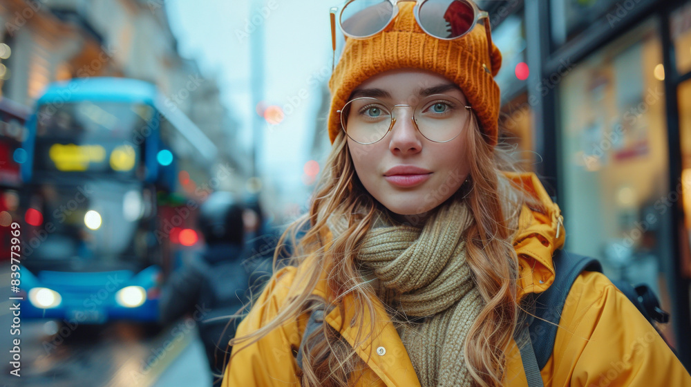 Fashionable woman in London, biking with headphones, enjoying eco-friendly city travel and music.generative ai Fashionable woman in London, biking with headphones, enjoying eco-friendly city travel and music.generative ai