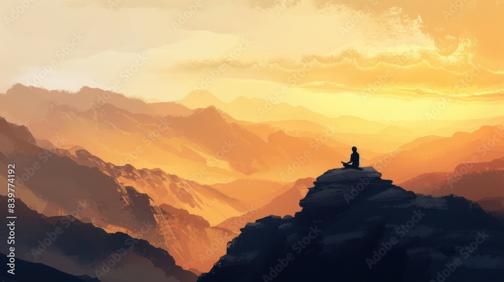 A person meditating sitting cross-legged on top of a mountain peak in the morning with silhouette light.