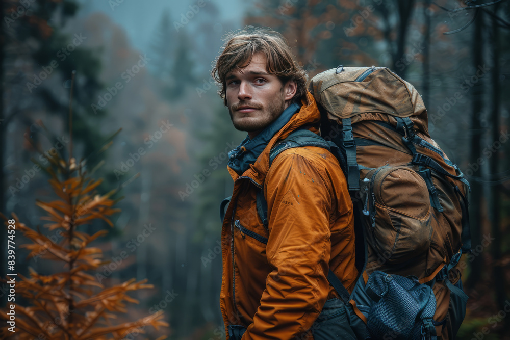 Man, backpack and thinking in outdoor nature for wilderness experience,generative ai Man, backpack and thinking in outdoor nature for wilderness experience,generative ai