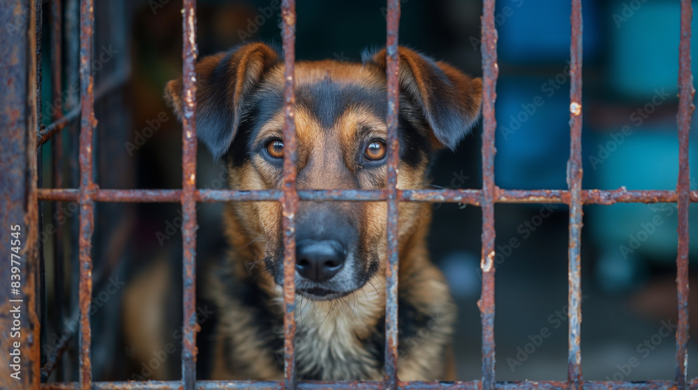 Stray homeless dog in animal shelter cage. Sad abandoned hungry dog ...