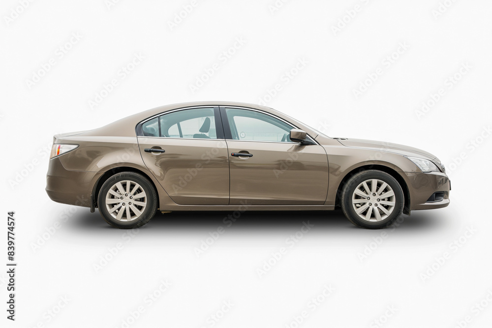 Passenger car isolated on a white background, with clipping path. Full Depth of field. Focus stacking, side view. White background Passenger car isolated on a white background, with clipping path. Full Depth of field. Focus stacking, side view. White background