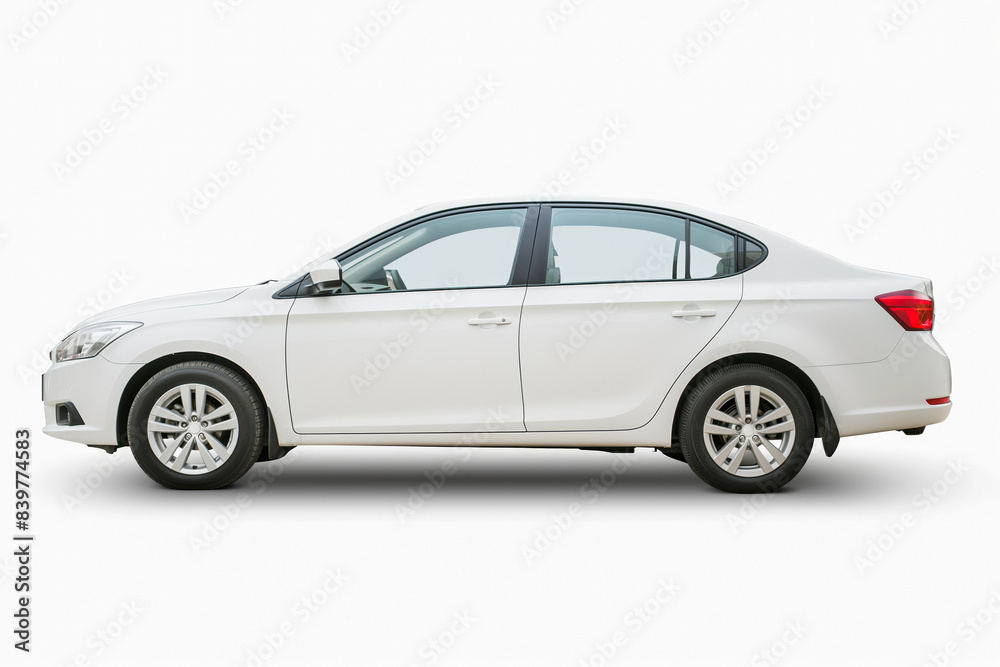 Passenger car isolated on a white background, with clipping path. Full Depth of field. Focus stacking, side view. White background Passenger car isolated on a white background, with clipping path. Full Depth of field. Focus stacking, side view. White background