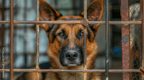 Stray homeless dog in animal shelter cage. Sad abandoned hungry dog behind old rusty grid of the cage in shelter for homeless animals. Dog adoption, rescue, help for pets