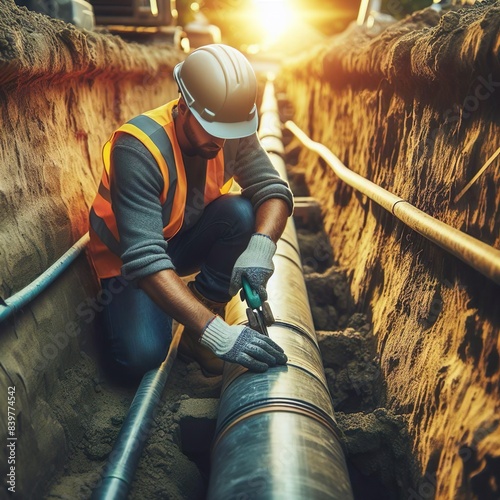 Worker Installing Underground Pipes