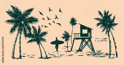 Hand-drawn illustration of a beach landscape with a surfer silhouette, coconut trees and a lifeguard station.