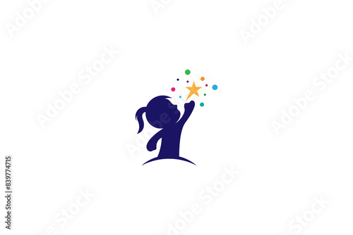 silhouette logo of girl reaching for stars in colorful flat design