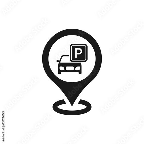 Parking area. Maps pin and car icon flat style isolated on white background. Vector illustration