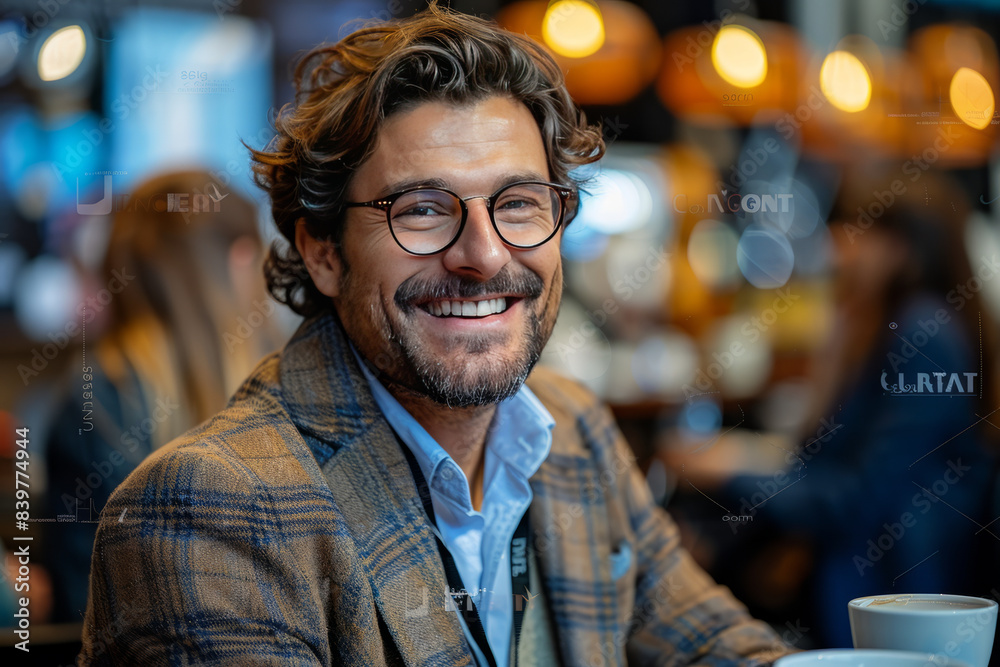 Happy male entrepreneur discussing with delegates while having coffee at convention center generative ai Happy male entrepreneur discussing with delegates while having coffee at convention center generative ai