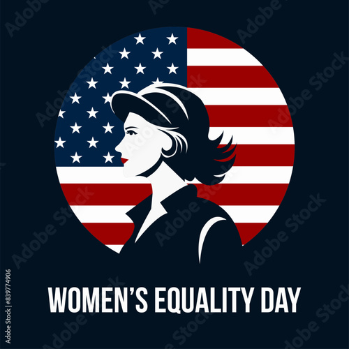 National Women's Equality Day August 26th. Background vector illustration, silhouette of a woman on USA flag background. 
