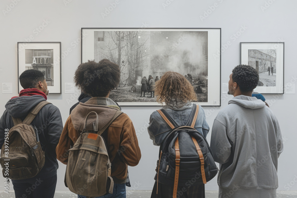visitors scanning QR code to get more information about black and white photo on wall at exhibition in museum.generative ai visitors scanning QR code to get more information about black and white photo on wall at exhibition in museum.generative ai