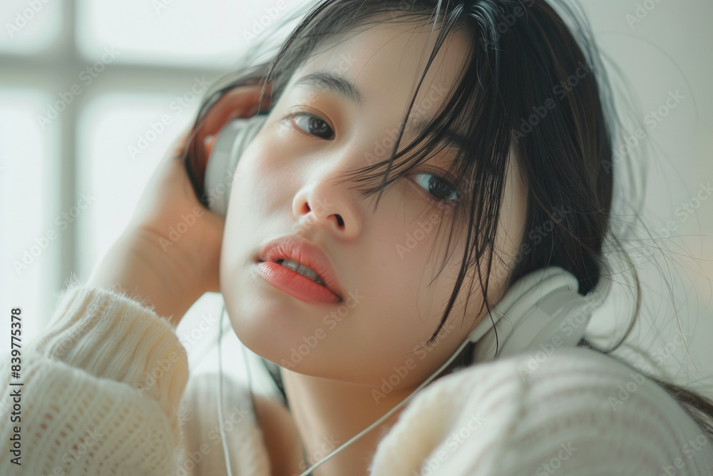 Fototapeta premium Young beautiful Asian woman with headphones. 