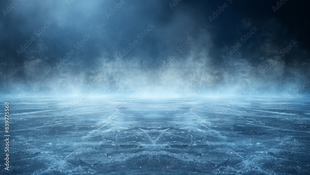 Abstract ice rink background with smoke, dark sky and fog. Winter sport arena with space for product presentation. Empty floor for advertising banner or poster