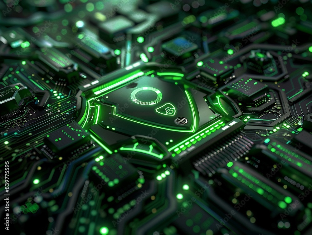 Abstract Digital of Futuristic Lock and Shield Symbol with Green Lighting on Black Background Abstract Digital of Futuristic Lock and Shield Symbol with Green Lighting on Black Background