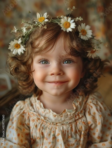 Delightful Baby Girl with Flower in Her Hair Beams with Joy