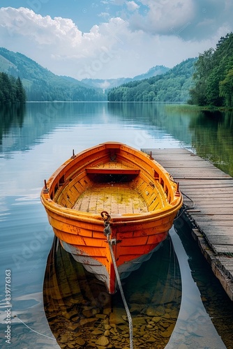Peaceful Boat Docked at Tranquil Pier with Reflective Waters and Picturesque Landscape