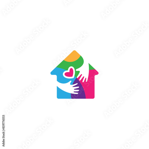 House logo with hand care and heart shape, colorful design template