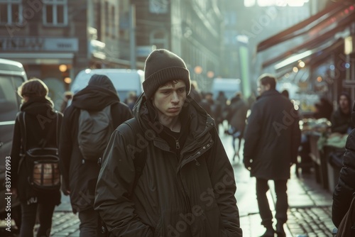 Portrait of a young man in a black jacket and a hat on a city street