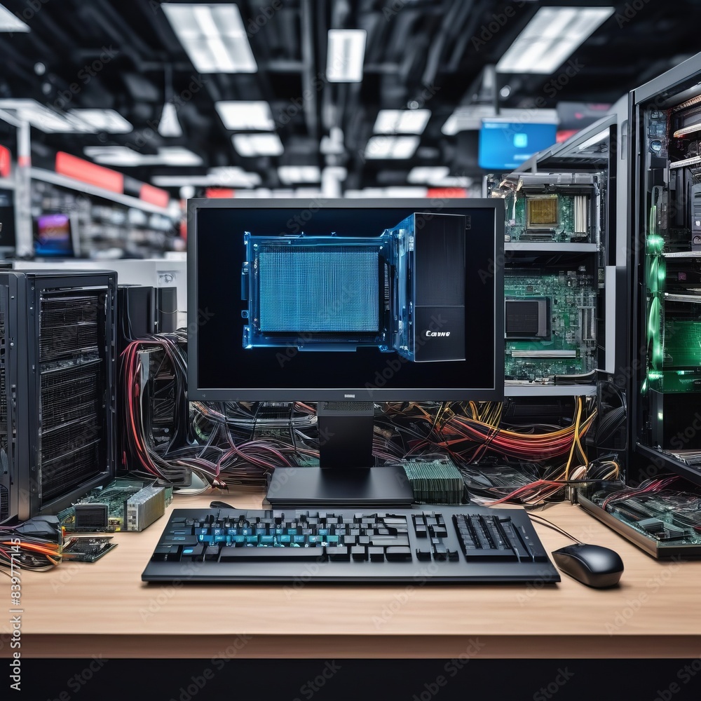 AI Generative image of computer lab desk setup with an open computer case showing internal components and a monitor AI Generative image of computer lab desk setup with an open computer case showing internal components and a monitor