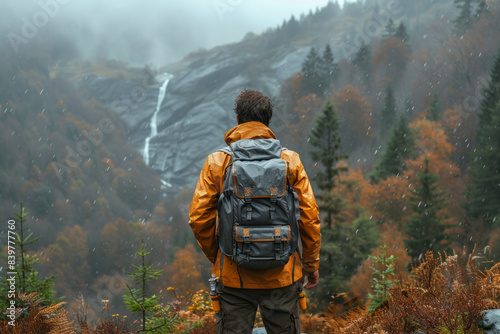 Man, backpack and thinking in outdoor nature for wilderness experience,generative ai