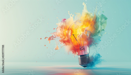 Colorful Watercolor Explosion From Creative Light Bulb On Light Blue Background Promotes Productivity And Creativity Through Unique Ideas. photo