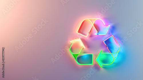 vibrant neon light recycling symbol on a soft purple background, with copy space for text