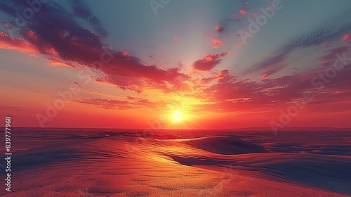 Fiery Sunsets Over Desert Landscapes  Showcase the intense reds  oranges  and pinks of a fiery sunset casting a glow over the warm  golden sands of a desert landscape  creating a breathtaking visual