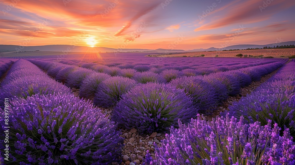 Fototapeta premium Lavender Fields at Sunset: Present the calming beauty of endless lavender fields with their deep purples juxtaposed against a sky painted in warm, pastel shades of orange and pink at sunset. shiny,