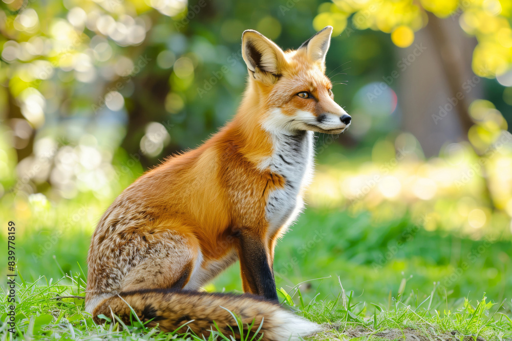 A cute fox sitting on the grass in the park on a bright sunny day A cute fox sitting on the grass in the park on a bright sunny day
