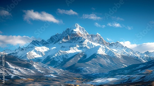 Snow-Capped Mountains Under Blue Skies: Highlight the pristine beauty of snow-capped mountain peaks set against the deep, clear blue skies of winter, emphasizing a striking natural color contrast.
