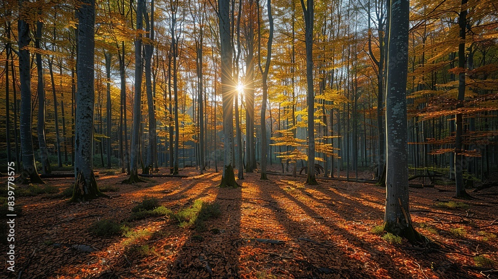Sunlit Forests in Autumn: Highlight the warm, golden hues of autumn leaves illuminated by the sun, set against the cool, shadowy greens and blues of the forest floor and sky. shiny, Minimal and Sunlit Forests in Autumn: Highlight the warm, golden hues of autumn leaves illuminated by the sun, set against the cool, shadowy greens and blues of the forest floor and sky. shiny, Minimal and