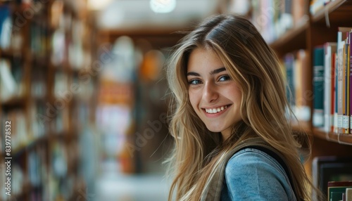 A girl with long hair is smiling in a library.