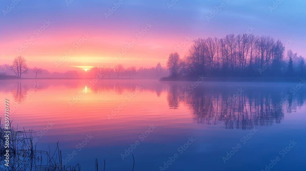 Fototapeta premium Sunrise Over a Misty Lake: Capture the gentle transition of colors from the warm oranges and pinks of dawn to the cool blues and greens of a misty lake, creating a peaceful and picturesque scene.