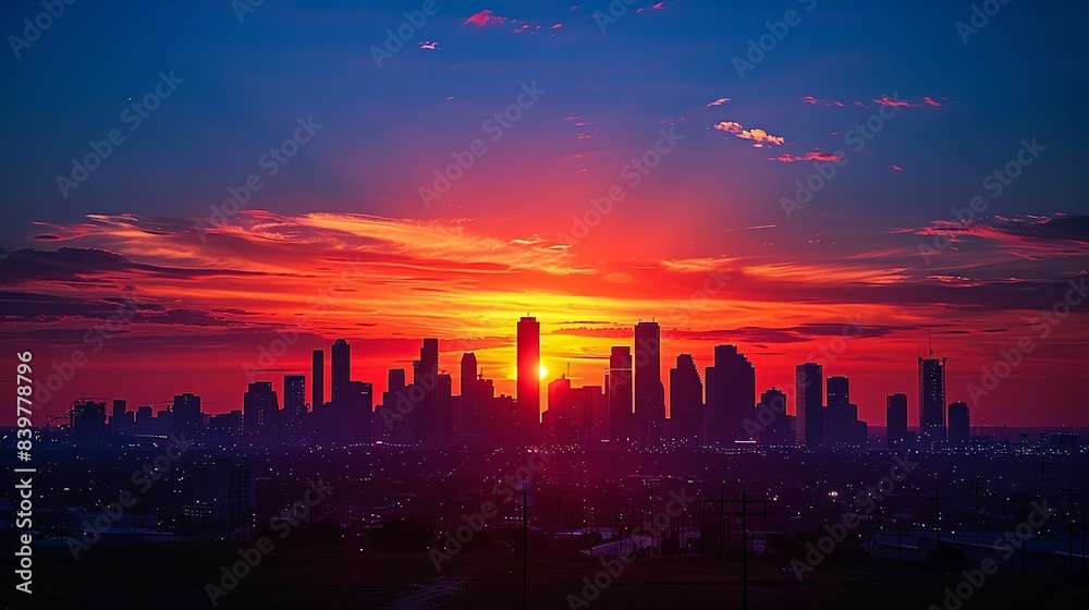 Fototapeta premium Sunset Over a City Skyline: Capture the dramatic colors of a sunset casting warm orange and red hues over the silhouette of a city skyline, with the cool blue sky providing a striking backdrop.