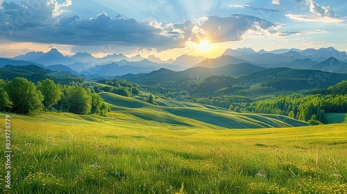 Sunlit Mountains in Summer: Highlight the vibrant colors of summer mountains, with their rich greens and blues contrasted against the warm, golden light of the sun, creating a picturesque landscape.