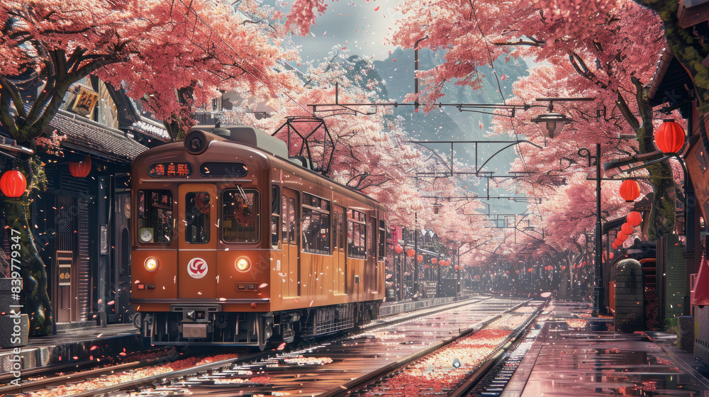 Obraz premium Cherry blossoms or Sakura and local train generative ai