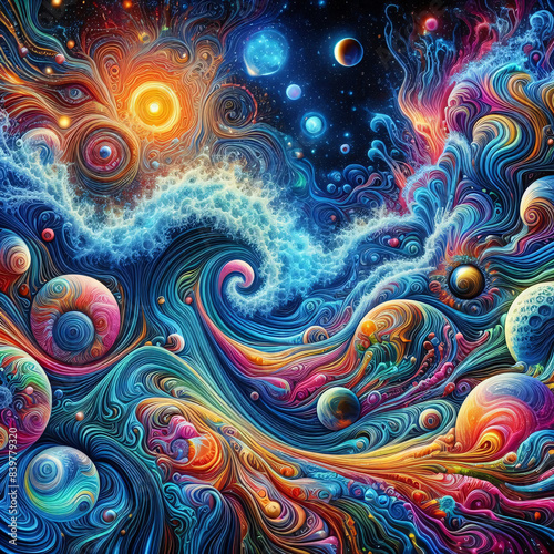 Psychedelic landscapes psychic waves motif outworldly surreal imaginary dreamy worlds 