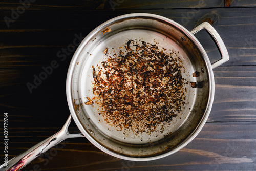 Saute Pan with Shiitake Mushroom Sucs on the Bottom: Deep stainless steel skillet frying pan after browning wild mushrooms for fond to deglaze photo
