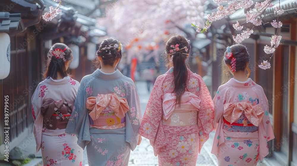 Japanese women in traditional Yukata dress stroll by Hirano-jinja Shrine in Kyoto, Japan during full bloom cherry blossom season.generative ai Japanese women in traditional Yukata dress stroll by Hirano-jinja Shrine in Kyoto, Japan during full bloom cherry blossom season.generative ai