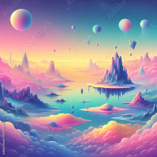 Psychedelic landscapes psychic waves motif outworldly surreal imaginary dreamy worlds  photo