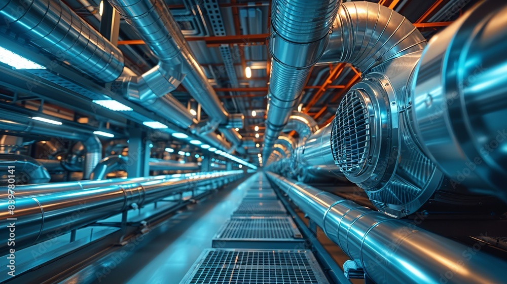 Massive air ducts running along the ceiling, with rotating fans visible through grated covers, and the whole setup bathed in cool, bluish light. shiny, Minimal and Simple, Massive air ducts running along the ceiling, with rotating fans visible through grated covers, and the whole setup bathed in cool, bluish light. shiny, Minimal and Simple,