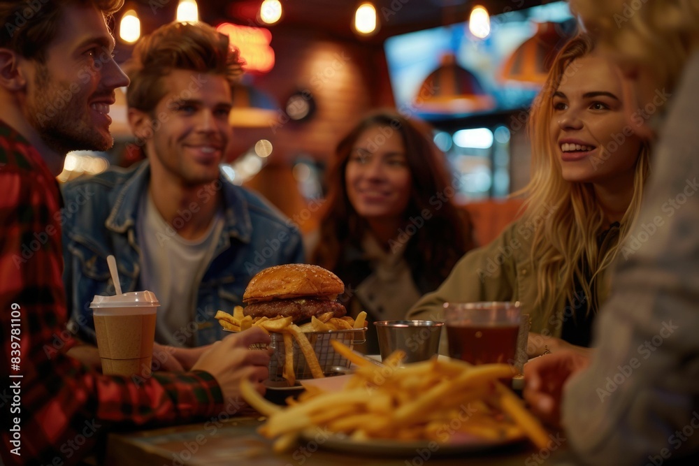 Group of young happy people talking while gathering in a bar. Focus is on eating French fries and Burger Group of young happy people talking while gathering in a bar. Focus is on eating French fries and Burger