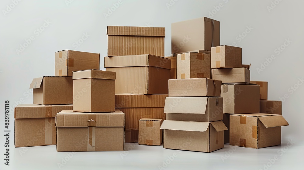 A group of assorted cardboard boxes in varying sizes, stacked haphazardly on a white background. shiny, Minimal and Simple, A group of assorted cardboard boxes in varying sizes, stacked haphazardly on a white background. shiny, Minimal and Simple,