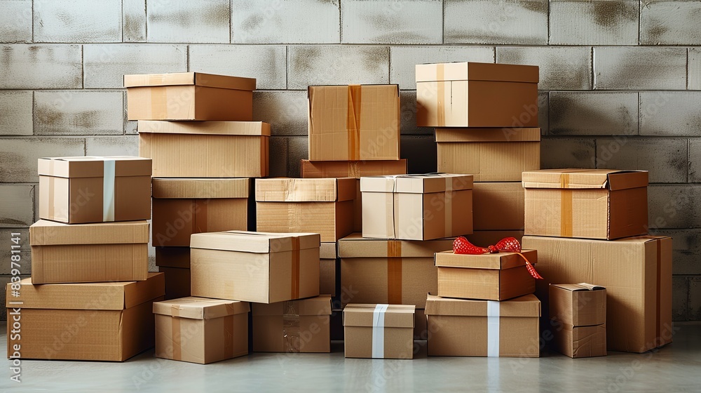 A group of assorted cardboard boxes in varying sizes, stacked haphazardly on a white background. shiny, Minimal and Simple, A group of assorted cardboard boxes in varying sizes, stacked haphazardly on a white background. shiny, Minimal and Simple,